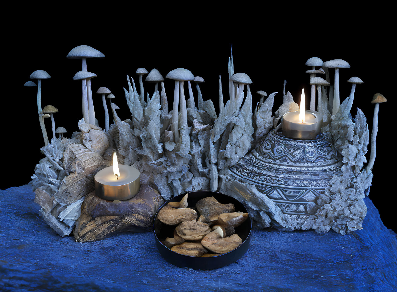 Tranquil mushroom and candle arrangement on blue background