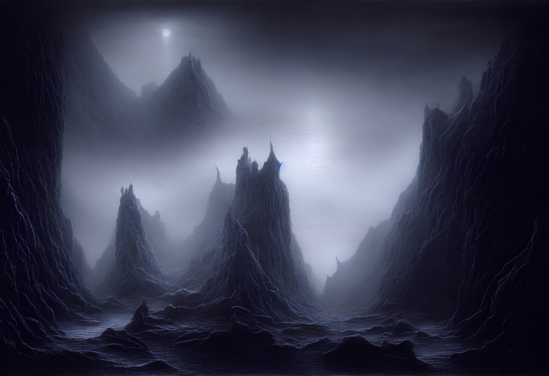 Moonlit mystic seascape with jagged peaks in starry night sky