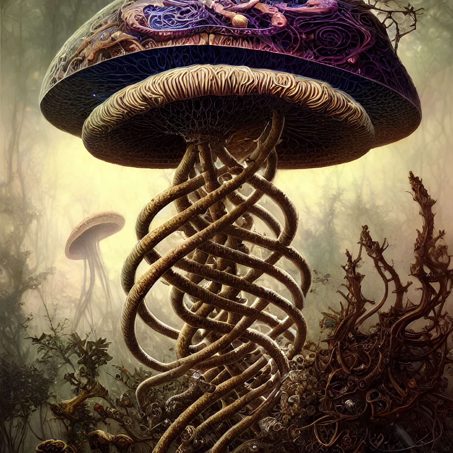 Patterned cap and spiral stem mushroom in misty forest with twisted undergrowth