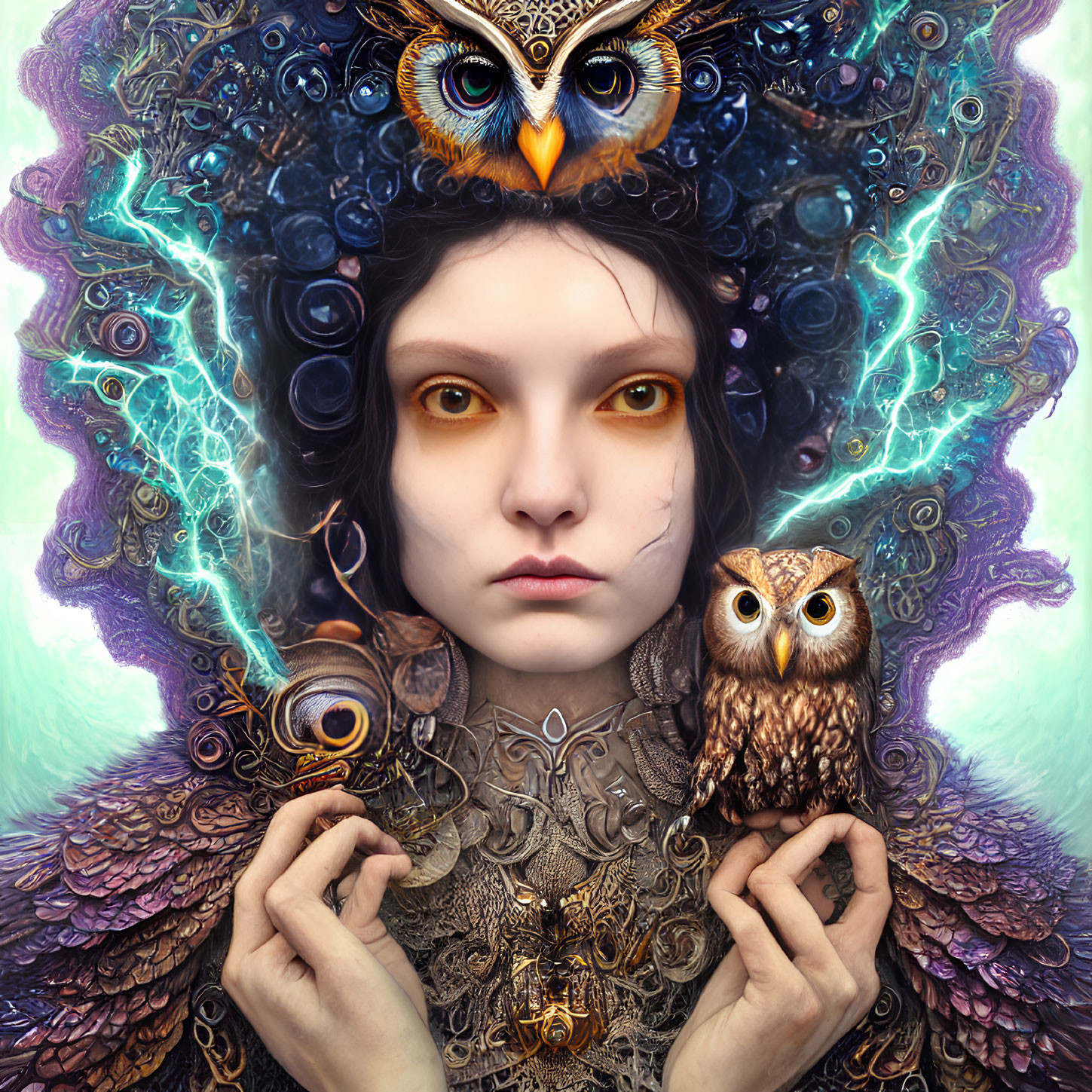 Vibrant surreal portrait with yellow eyes, owl, and intricate headdress