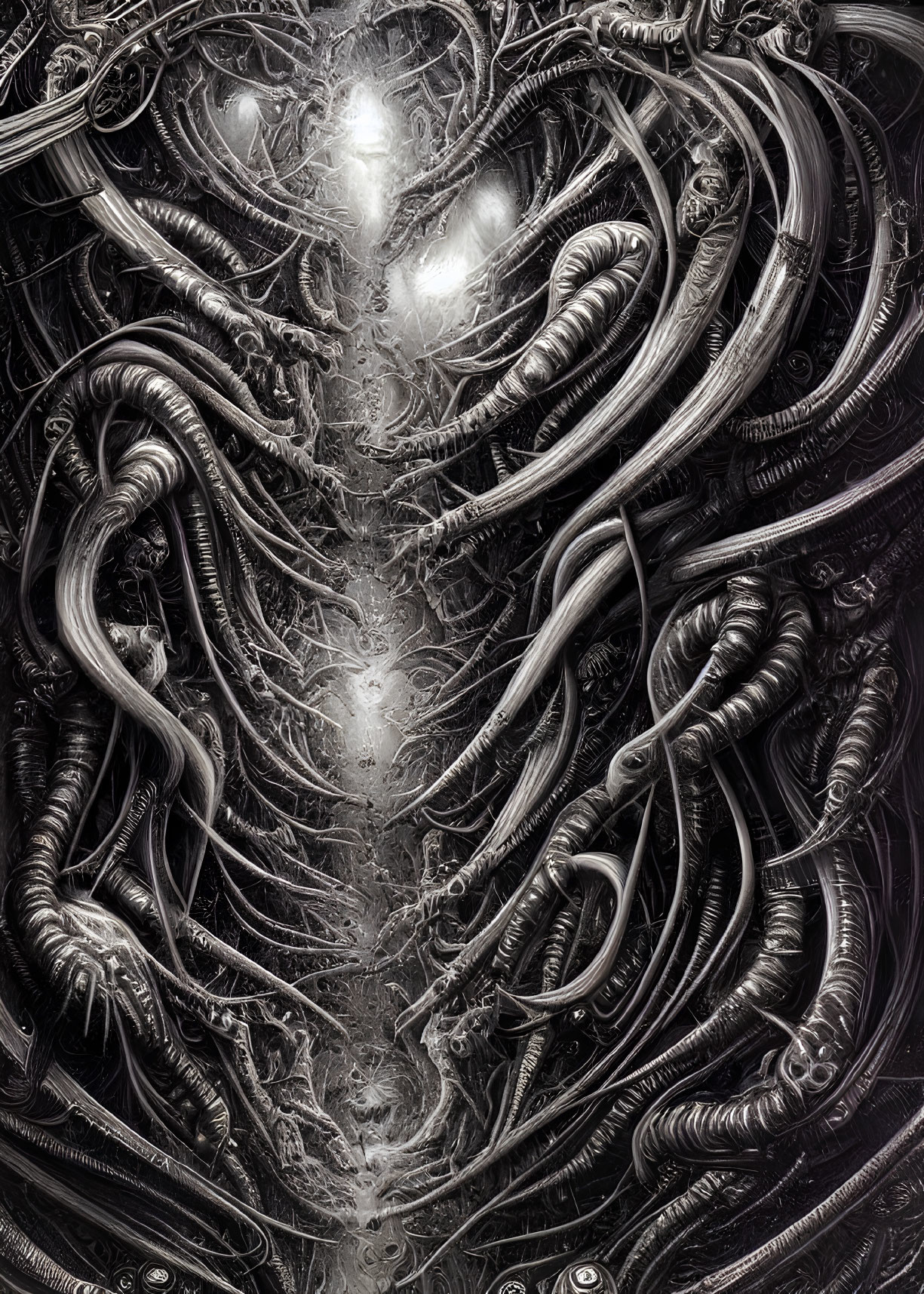 Detailed Black and White Artwork: Biomechanical Tubes and Organic Textures in Sci-Fi Environment