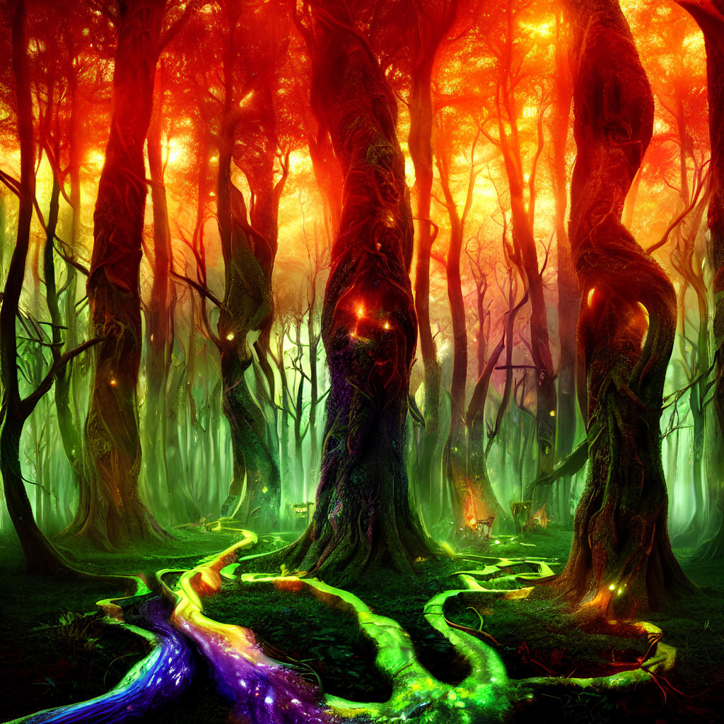 Mystical forest with twisted trees and glowing pathways