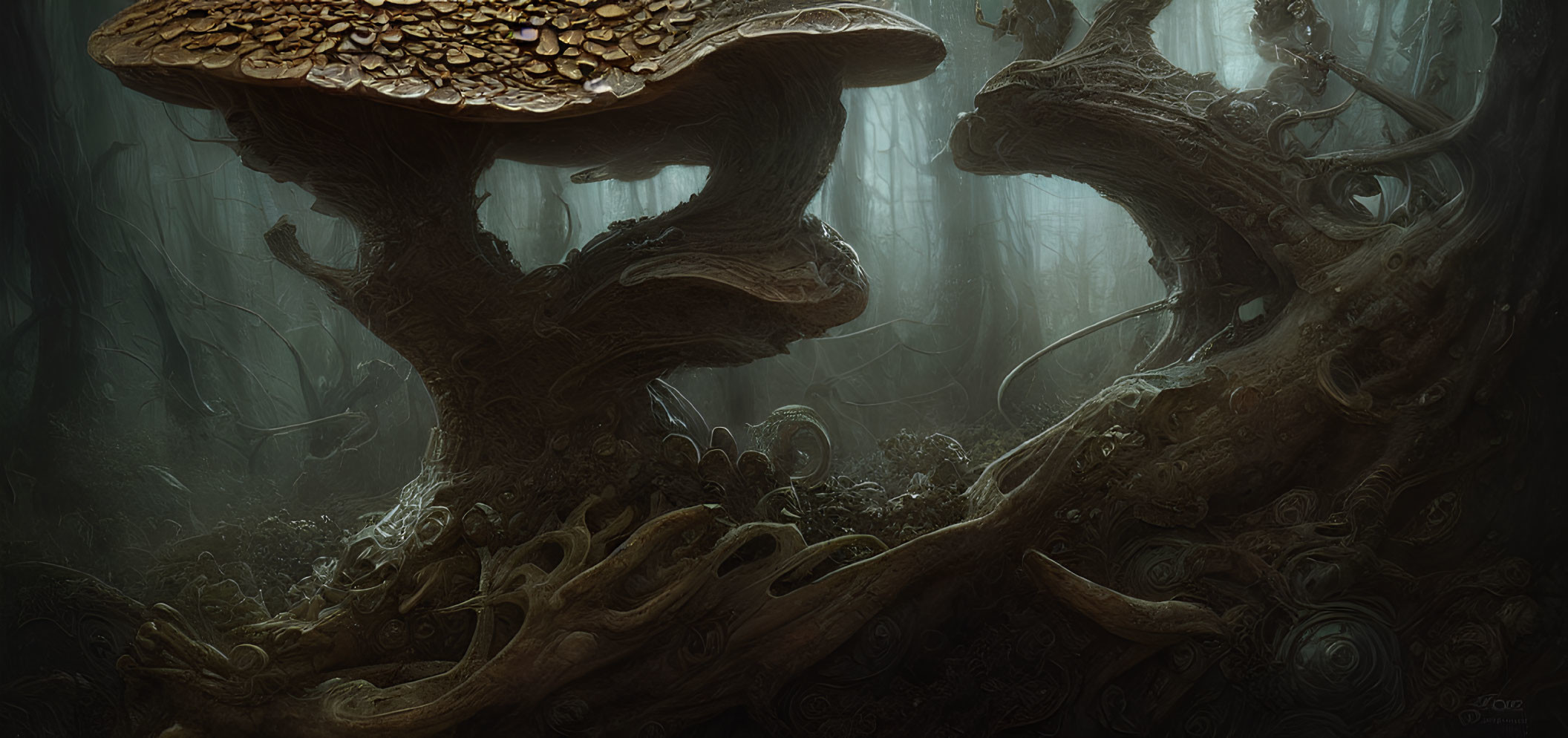 Twisted tree trunks and mushroom-like growths in a dark forest