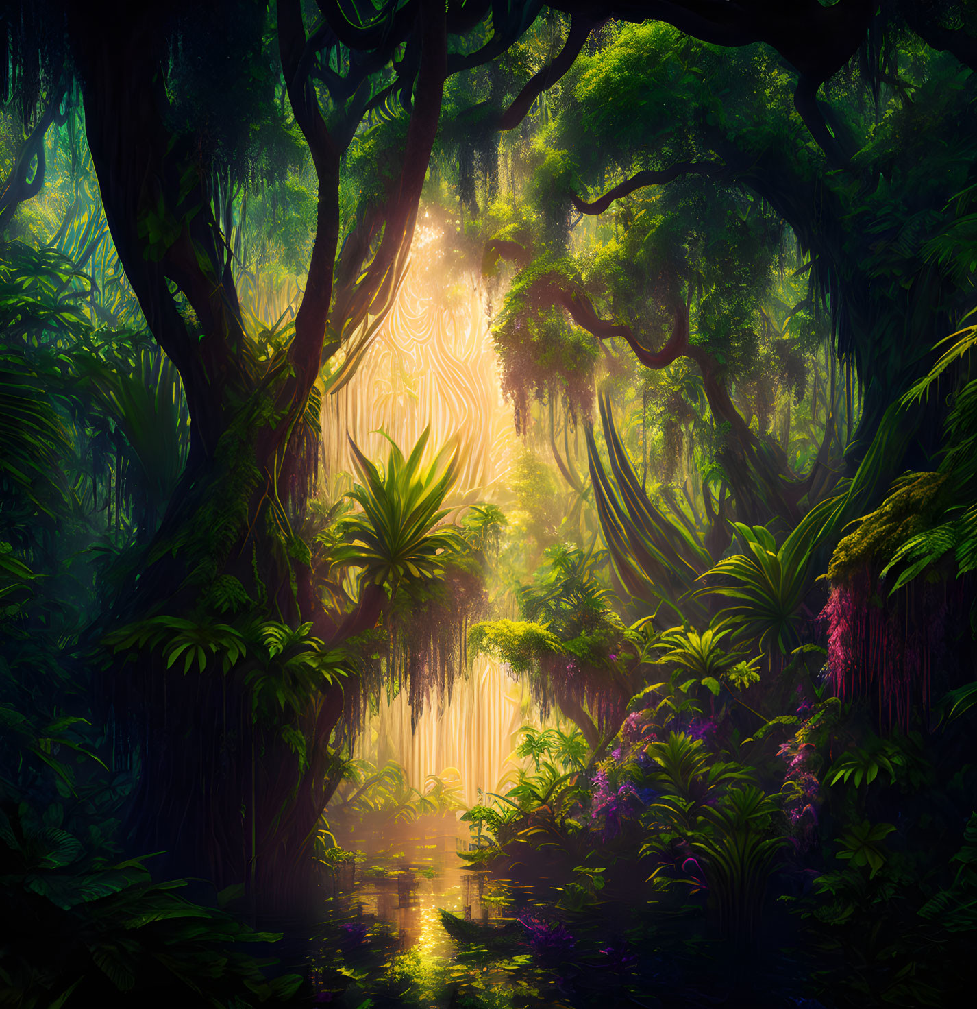 Sunlit lush green forest with vibrant foliage