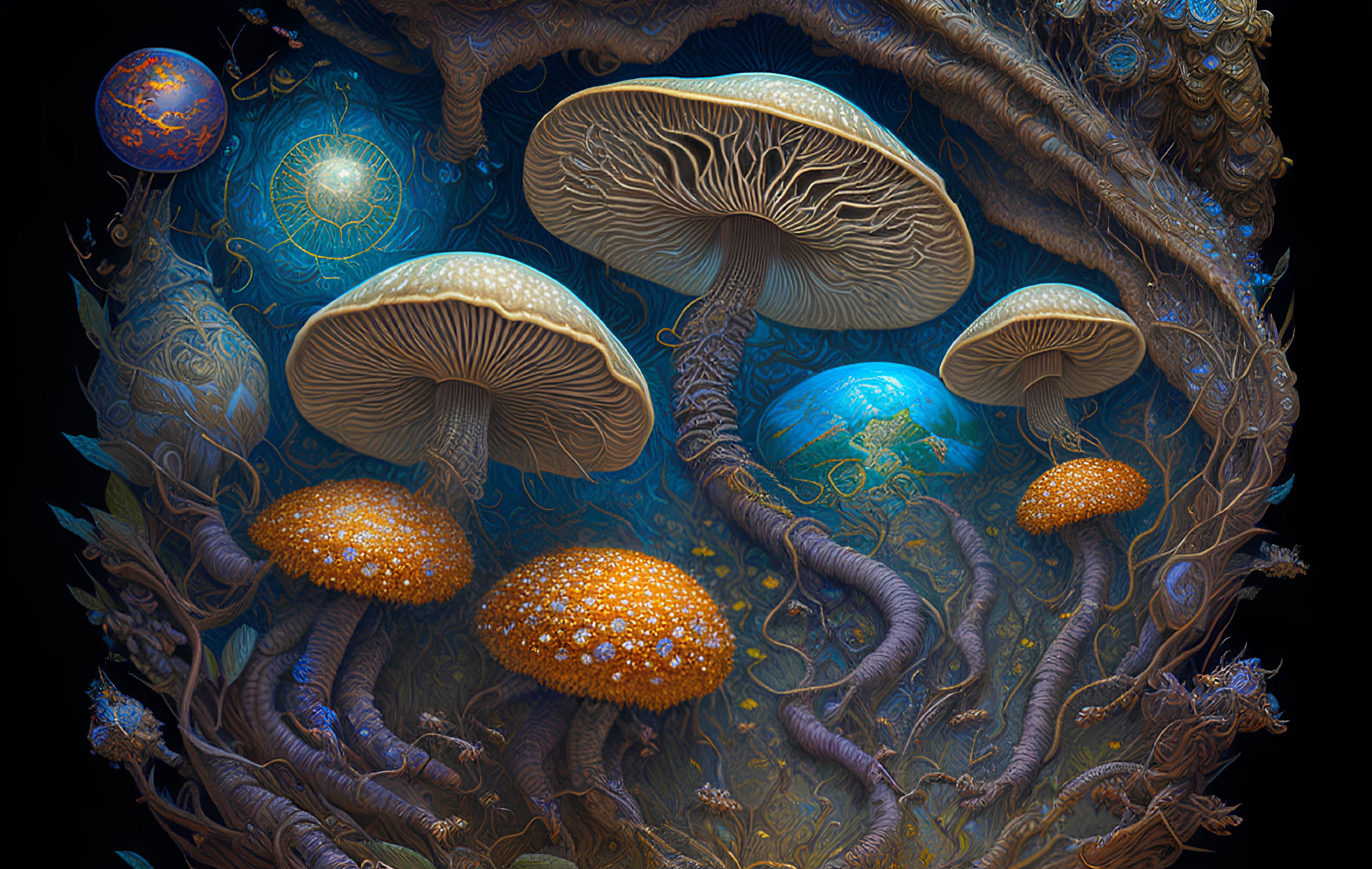 Detailed Fantasy Digital Artwork: Mushrooms, Twisted Roots, Ethereal Spheres