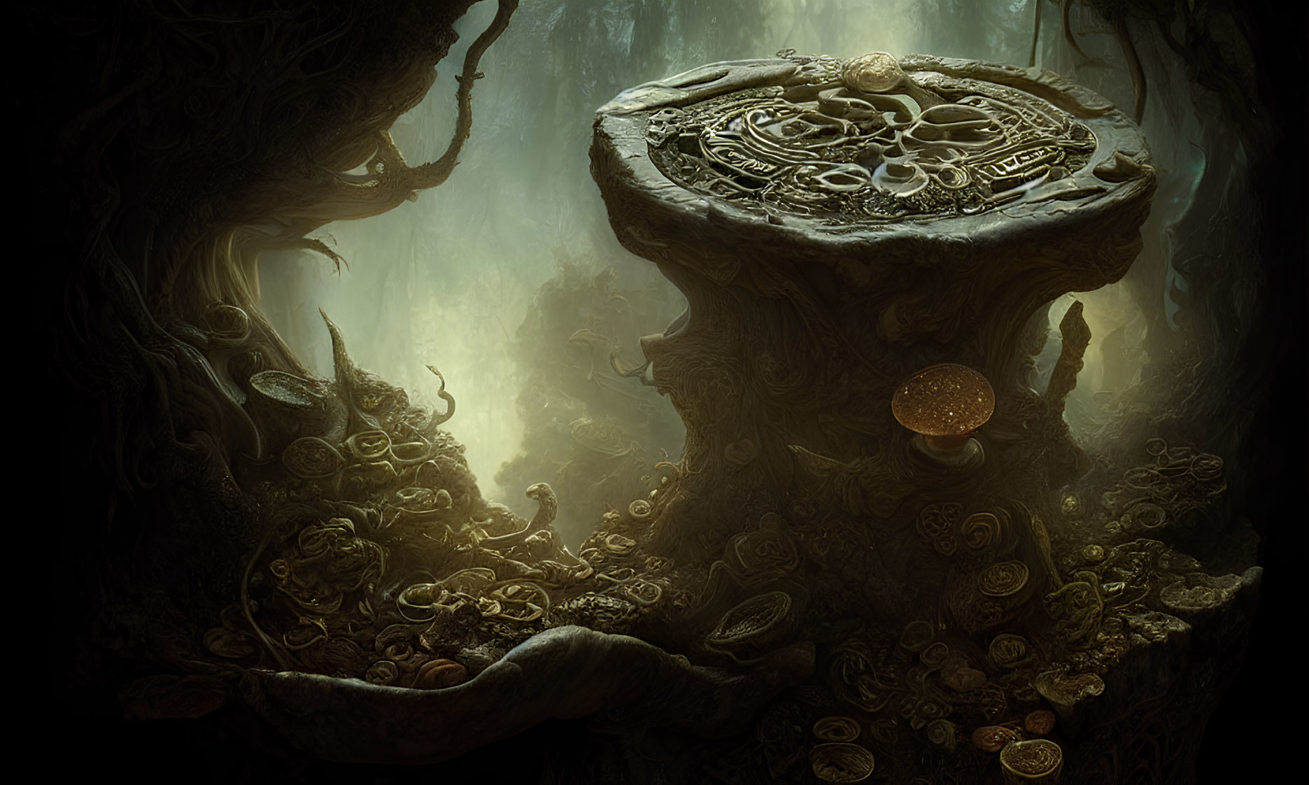 Mystical forest scene with glowing stone pedestal and treasures