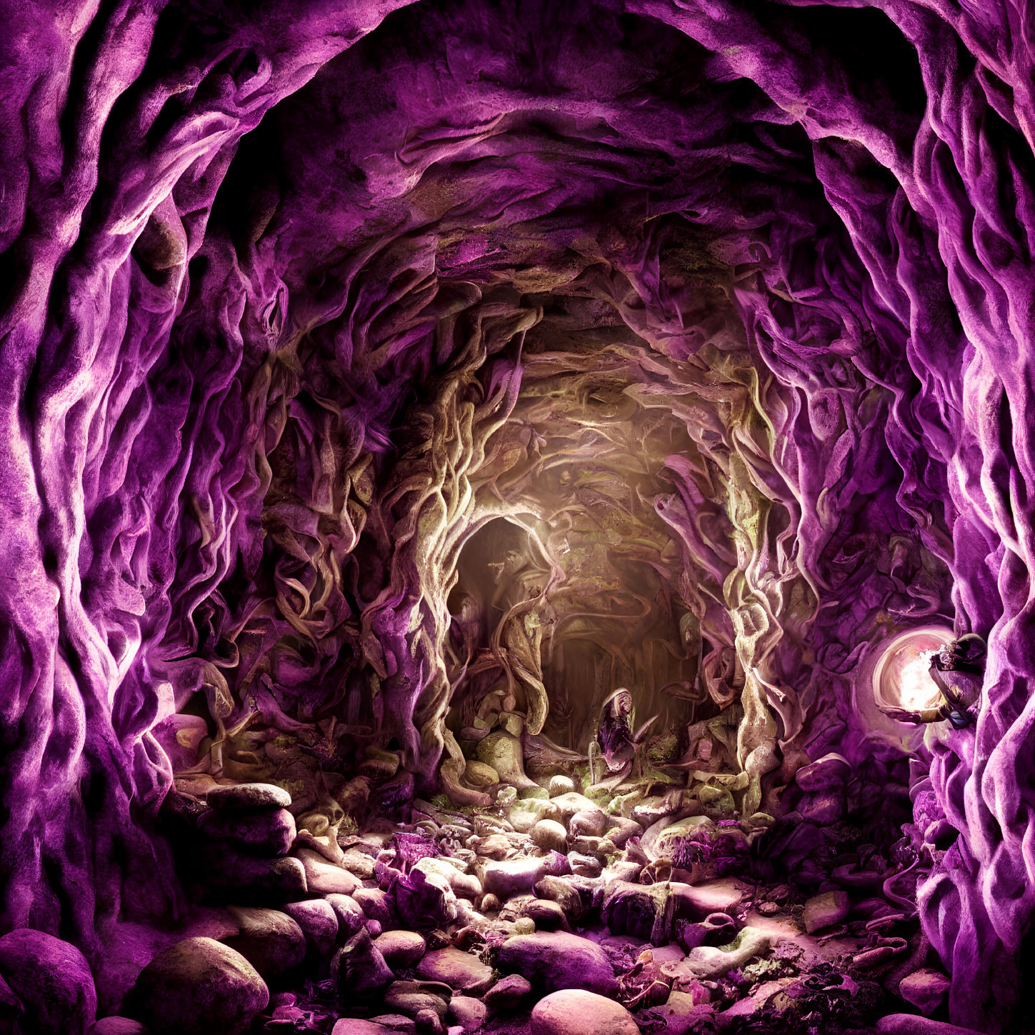 Ethereal purple-lit cave with twisted root-like formations