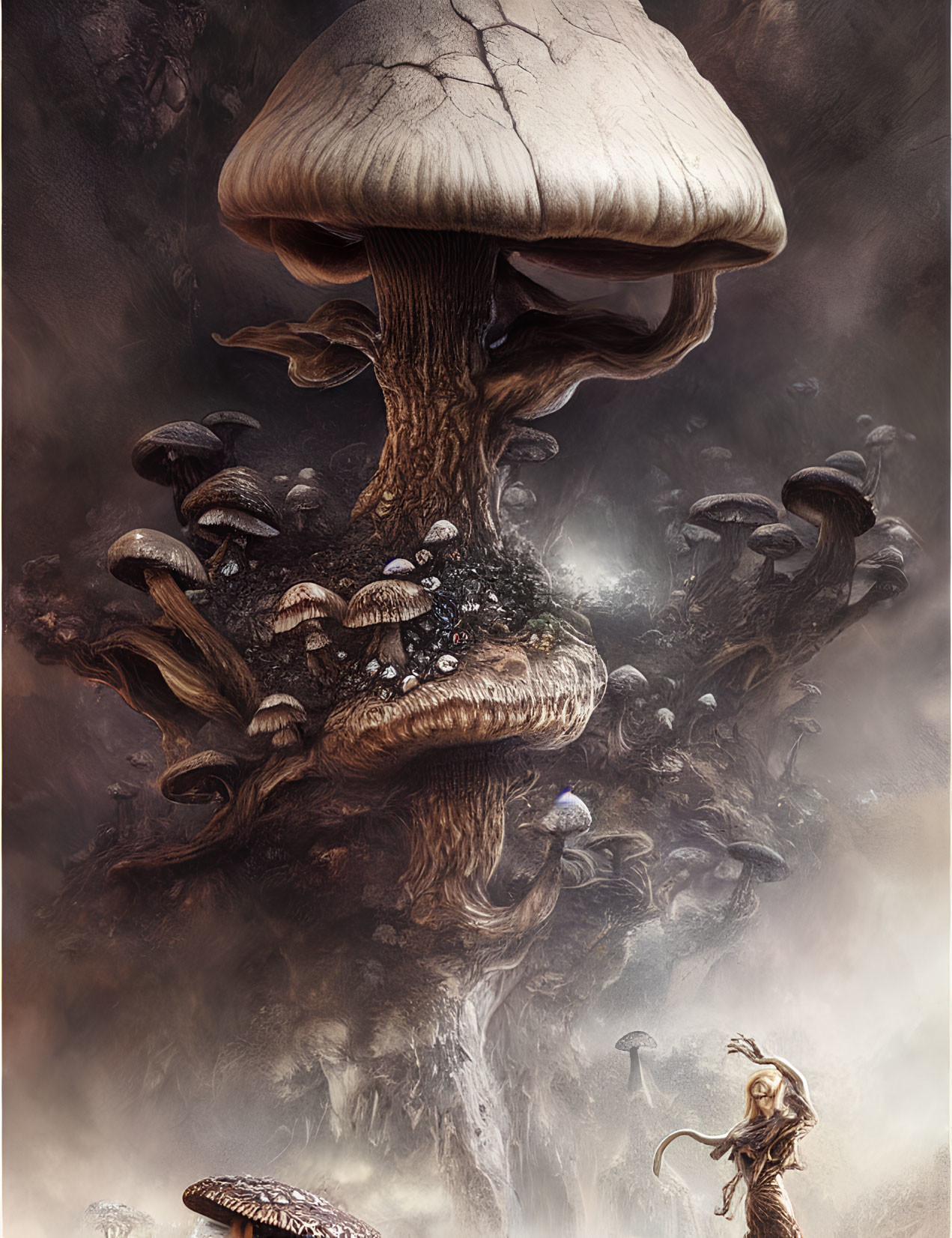 Tall tree with mushroom cap in foggy forest with humanoid figure