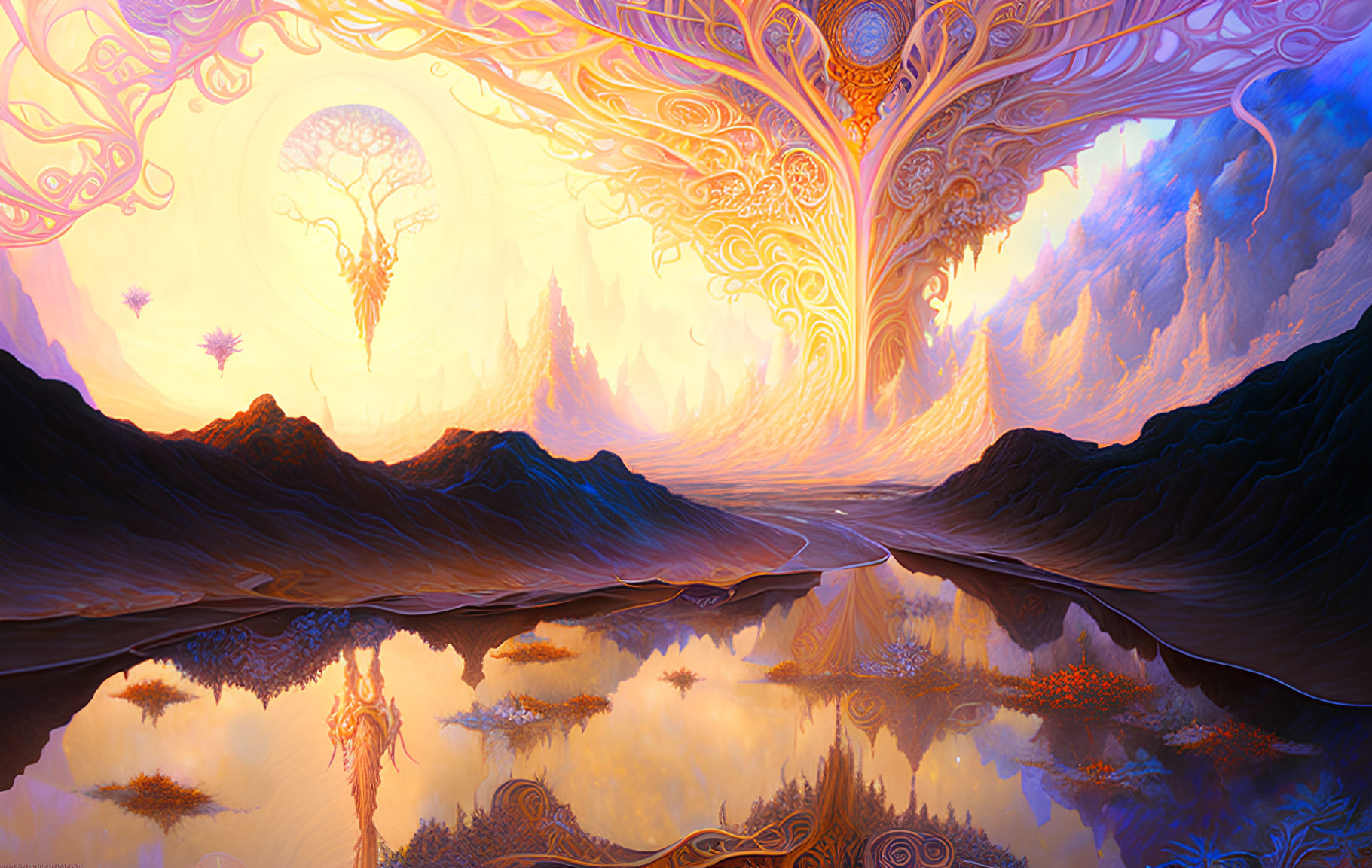 Fantasy landscape with reflective water, intricate trees, floating islands