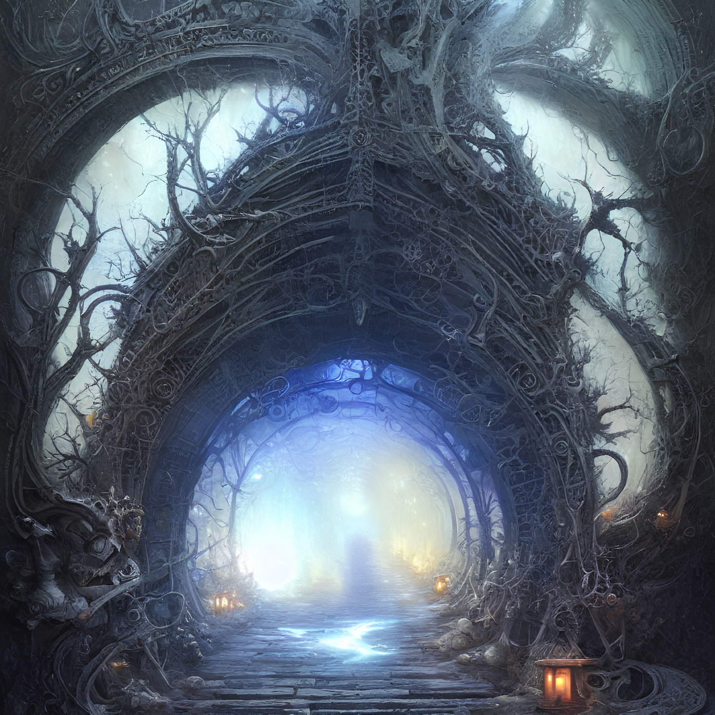 Ethereal archway with intricate branches and mystical portal.