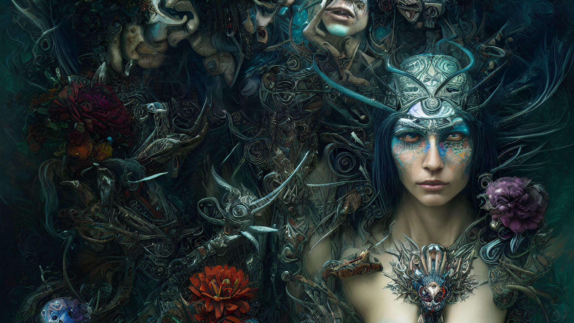 Blue-skinned mystical woman with ornate headgear in intricate botanical and mechanical setting.