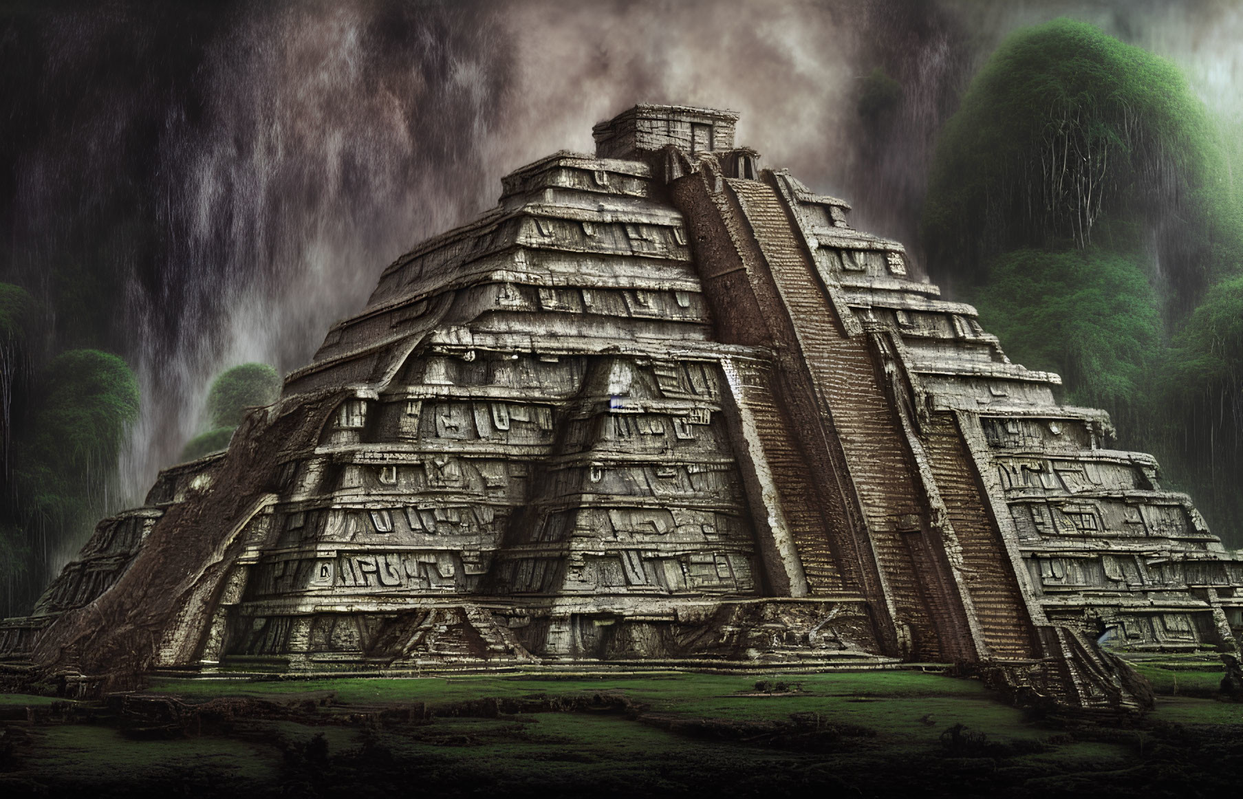 Ancient Mesoamerican Pyramid in Misty Jungle Landscape