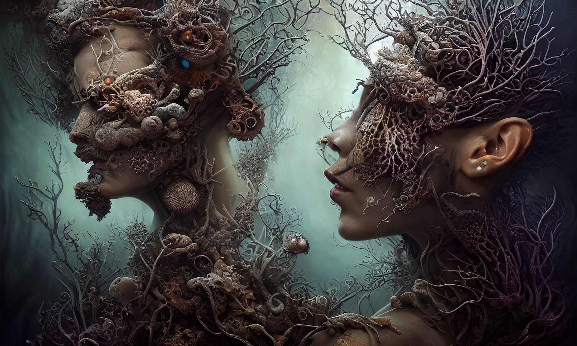 Ethereal beings with nature-inspired headpieces in mystical underwater scene