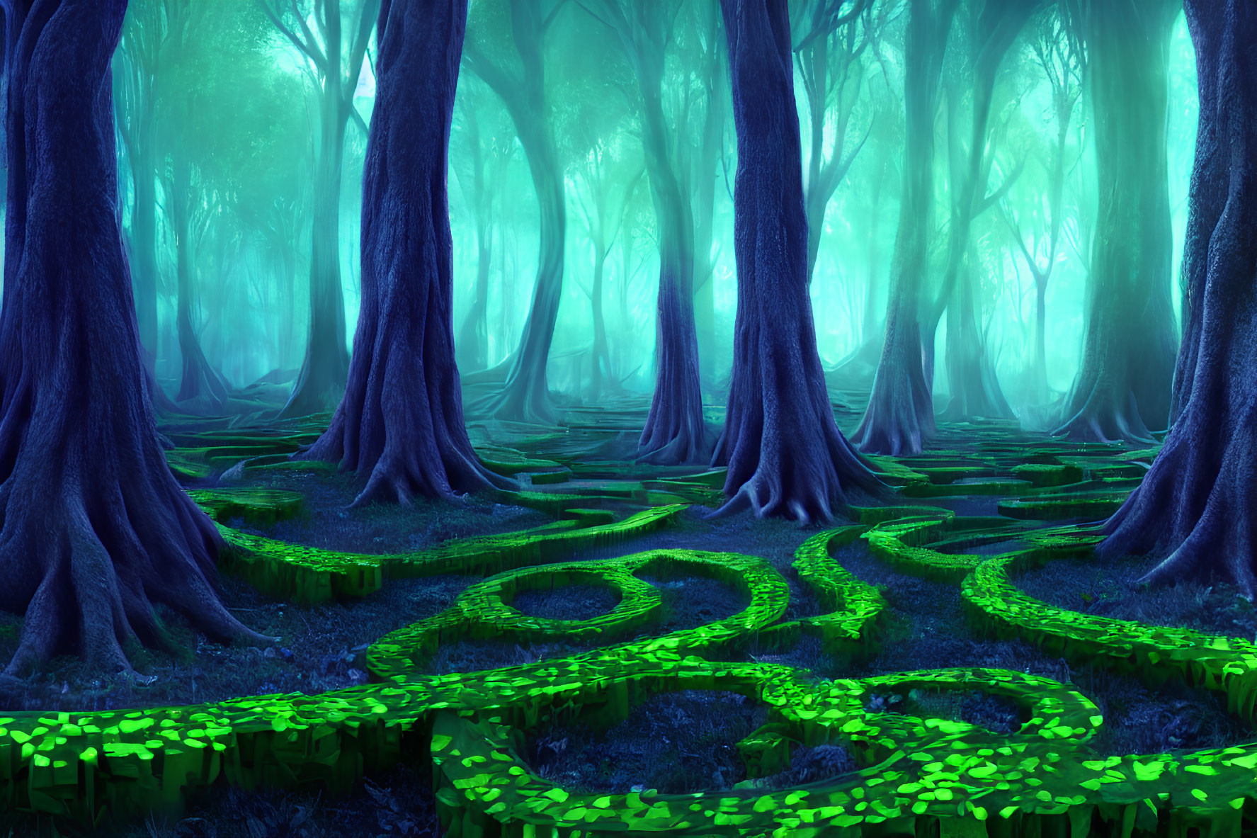 Mystical forest with towering trees and glowing paths