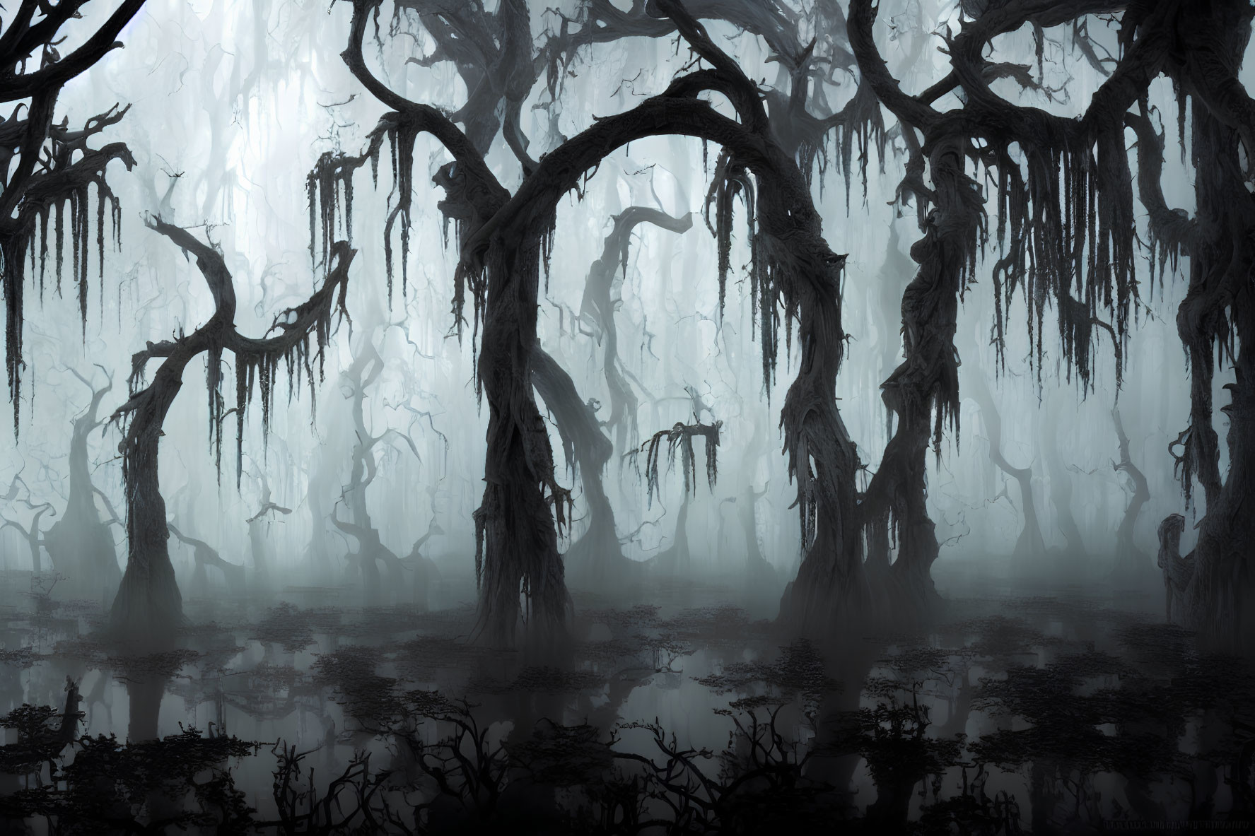 Moss-covered trees in eerie swamp with dense fog