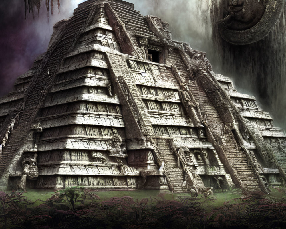 Weathered Mayan pyramid in dense jungle under overcast sky