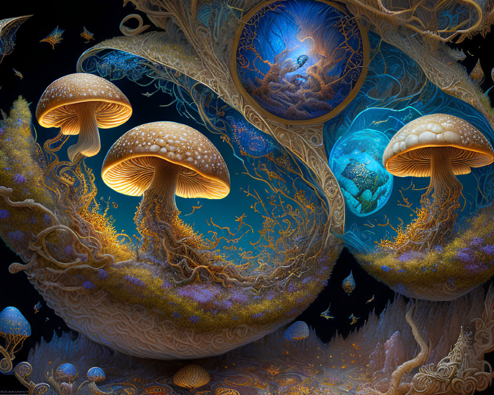 Fantasy Artwork: Luminescent Mushrooms in Cosmic Setting