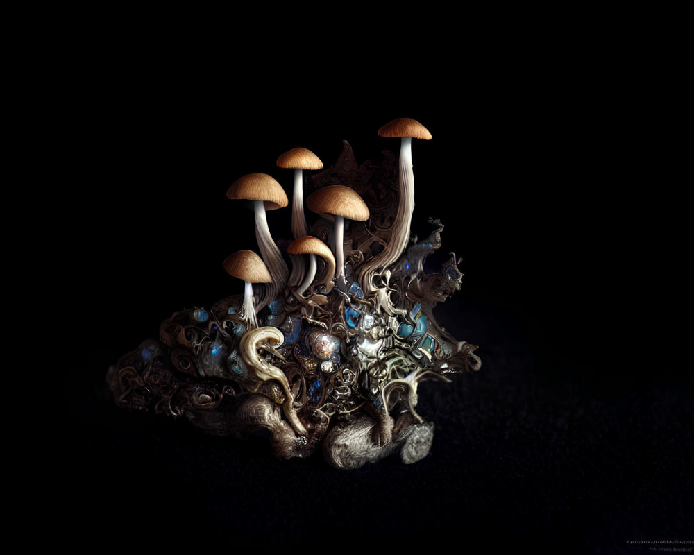 Tall Thin Mushrooms on Textured Organic Matter with Blue Hints