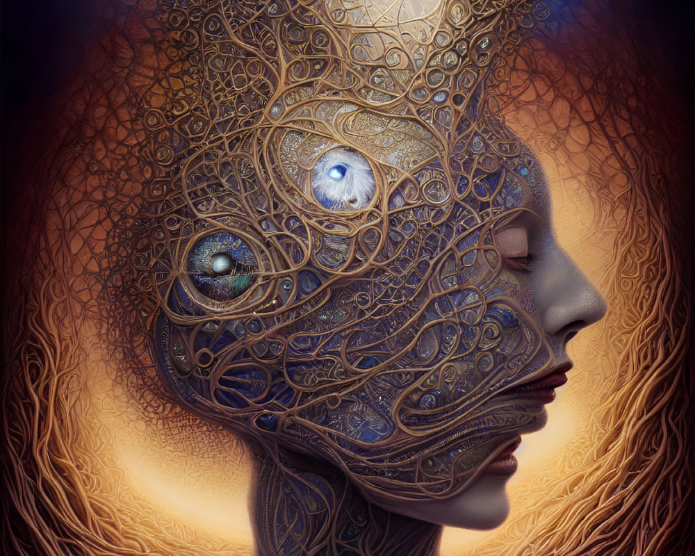 Fantasy digital artwork: Golden filigree on face with blue and green eyes