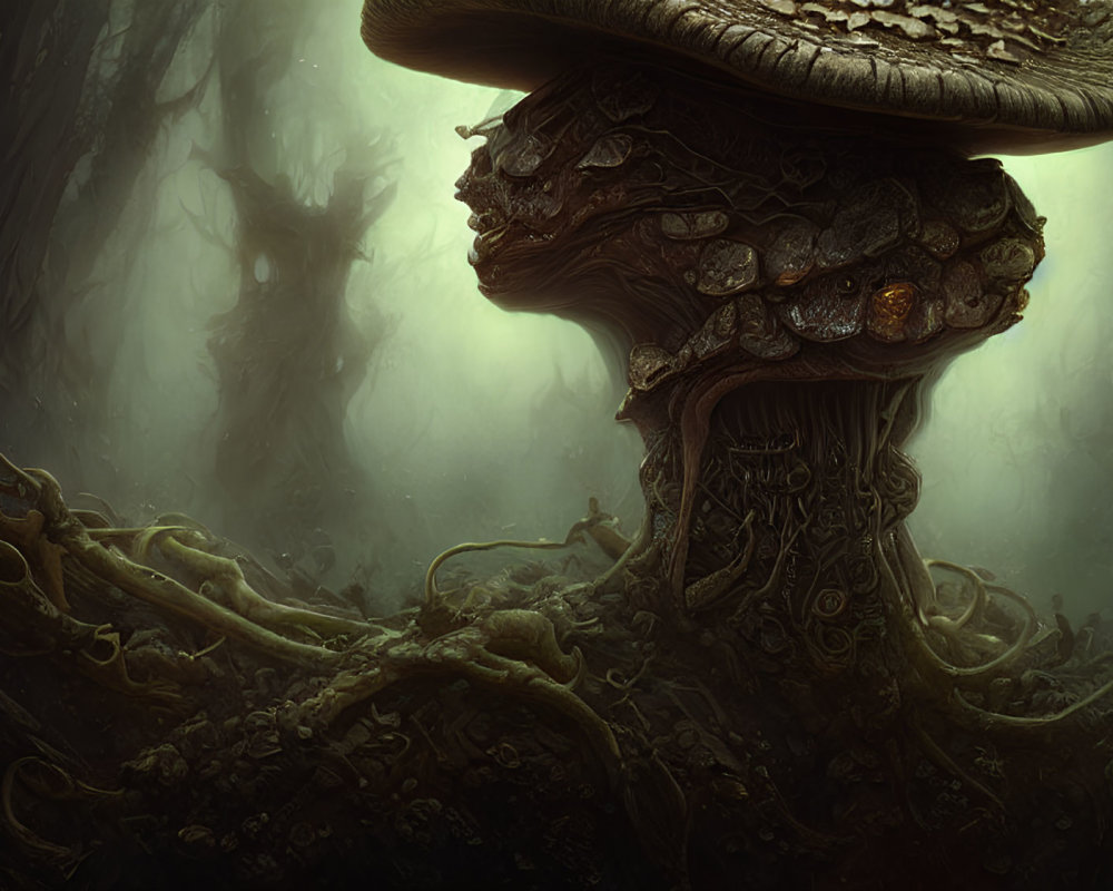 Ethereal forest scene with mystical mushroom structure and twisted vines