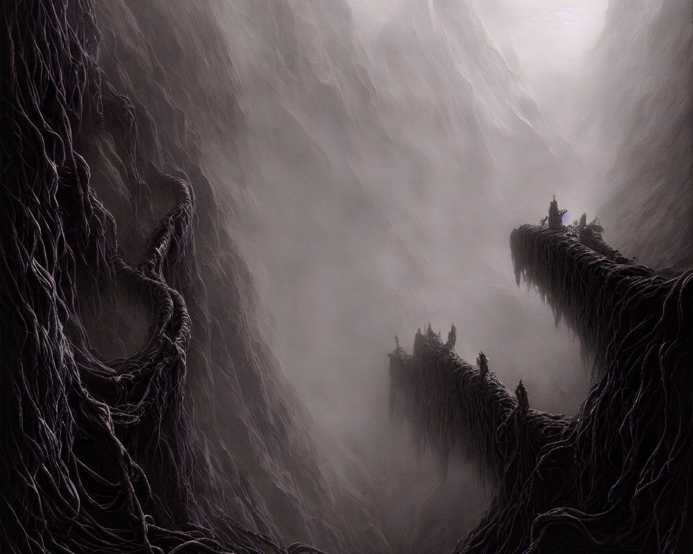 Mysterious fantasy landscape with jagged mountains and eerie tree roots