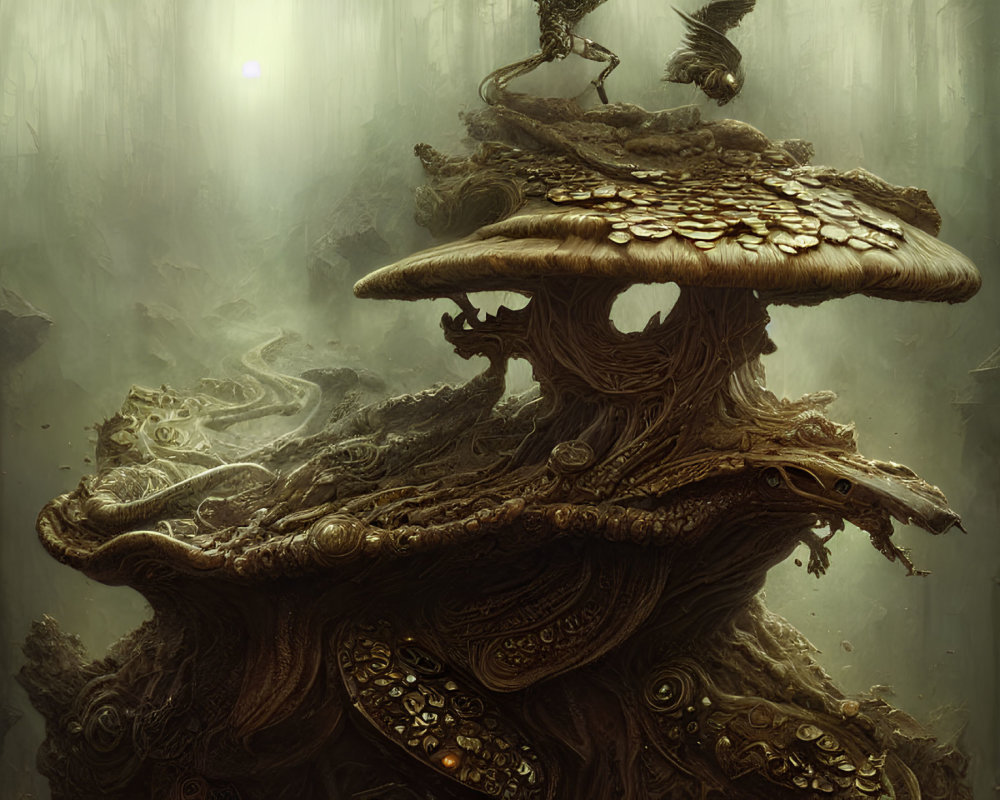 Ethereal forest scene with intricate mushroom structure and crow in misty surroundings