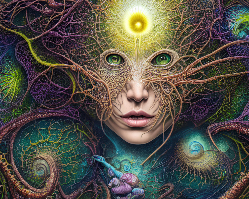 Colorful Fantasy Image: Human Face Surrounded by Organic Patterns and Surreal Elements