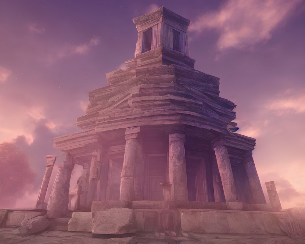 Ancient stone temple ruins under surreal purple sky with mist - a mysterious scene.