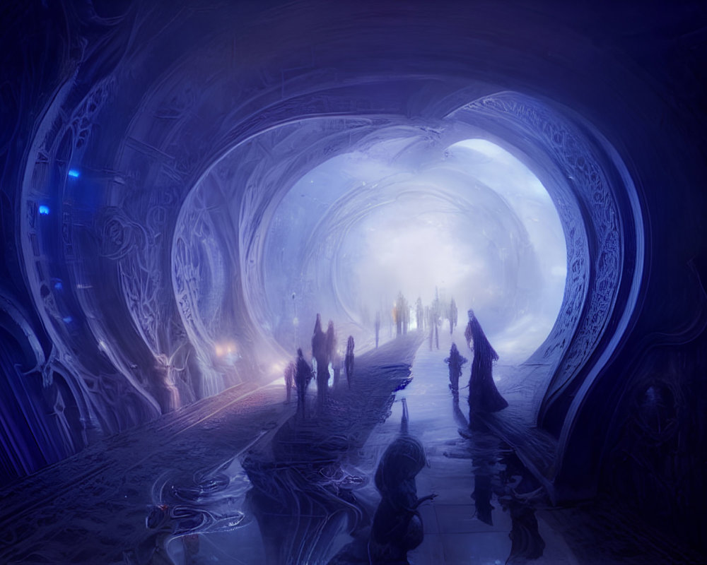 Mystical cavern with shadowy figures and snowy landscape