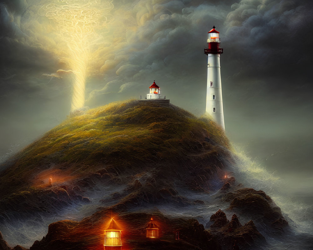 Lighthouse on lush hill in stormy seas with glowing sky patterns