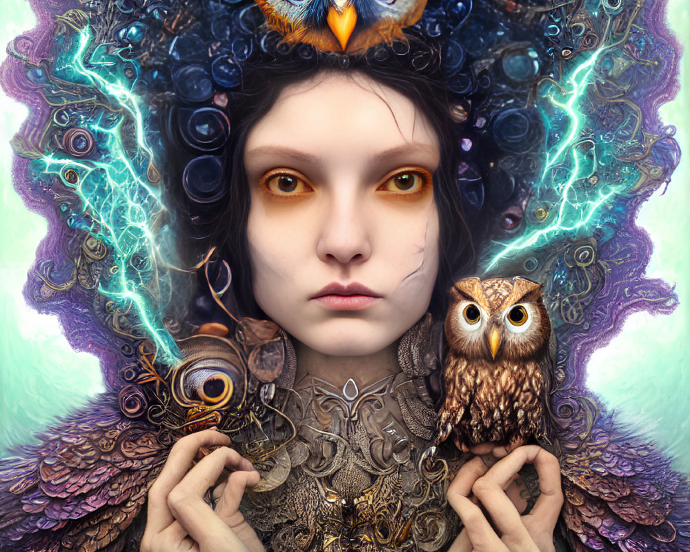 Vibrant surreal portrait with yellow eyes, owl, and intricate headdress