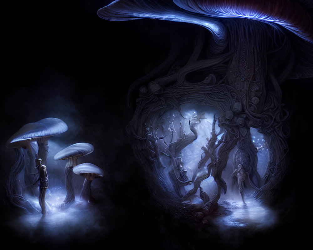 Enchanted forest with glowing mushrooms and figures