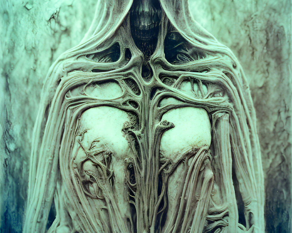 Hooded figure with root-like structures on chest against textured background.