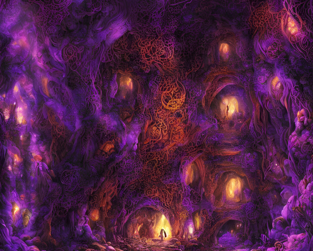 Vivid Purple and Orange Glowing Cavern with Organic Patterns