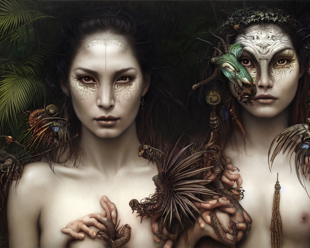 Fantasy-inspired makeup and adornments with feathers in lush botanical setting