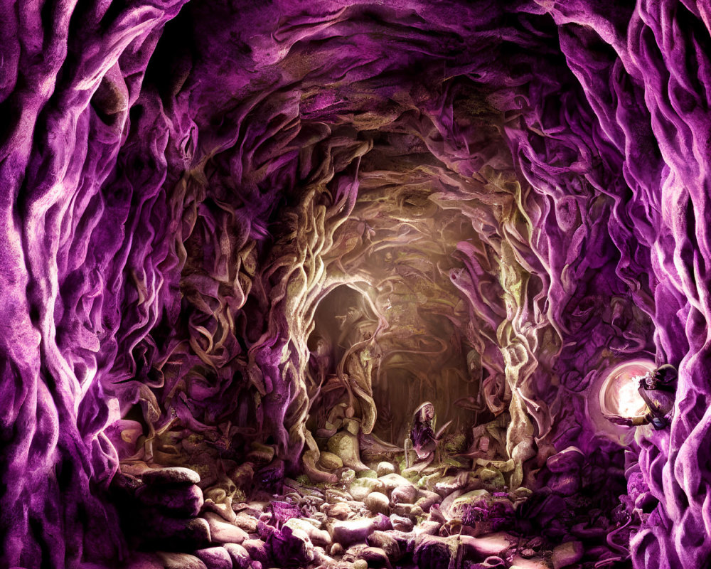 Ethereal purple-lit cave with twisted root-like formations