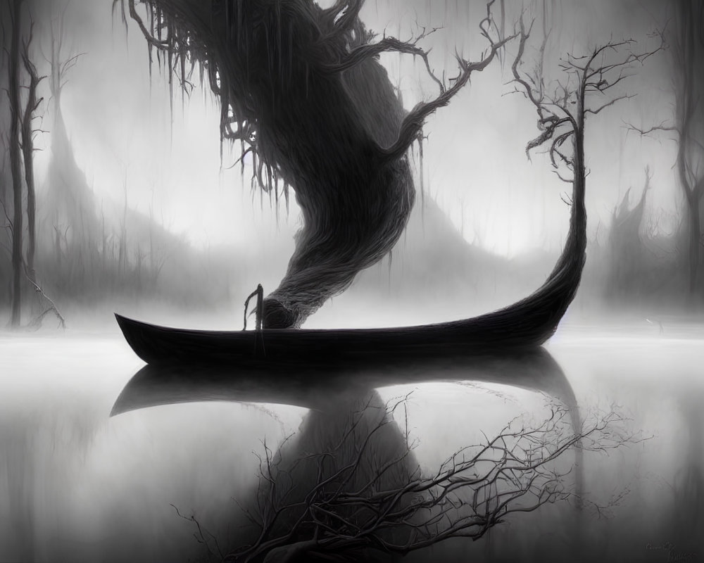 Monochromatic surreal image: twisted tree merging with boat in misty forest