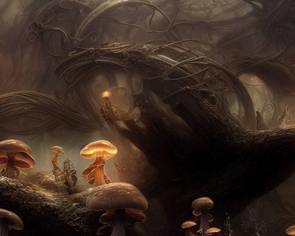 Enchanting forest scene with glowing mushrooms and misty backdrop