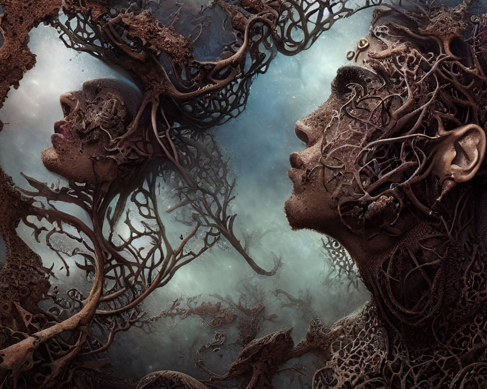 Surreal artwork: Two faces with tree-like structures and misty background