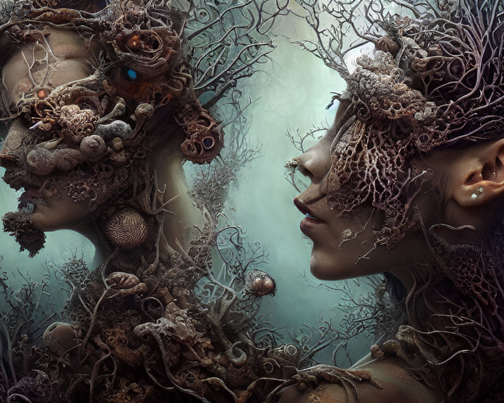 Ethereal beings with nature-inspired headpieces in mystical underwater scene