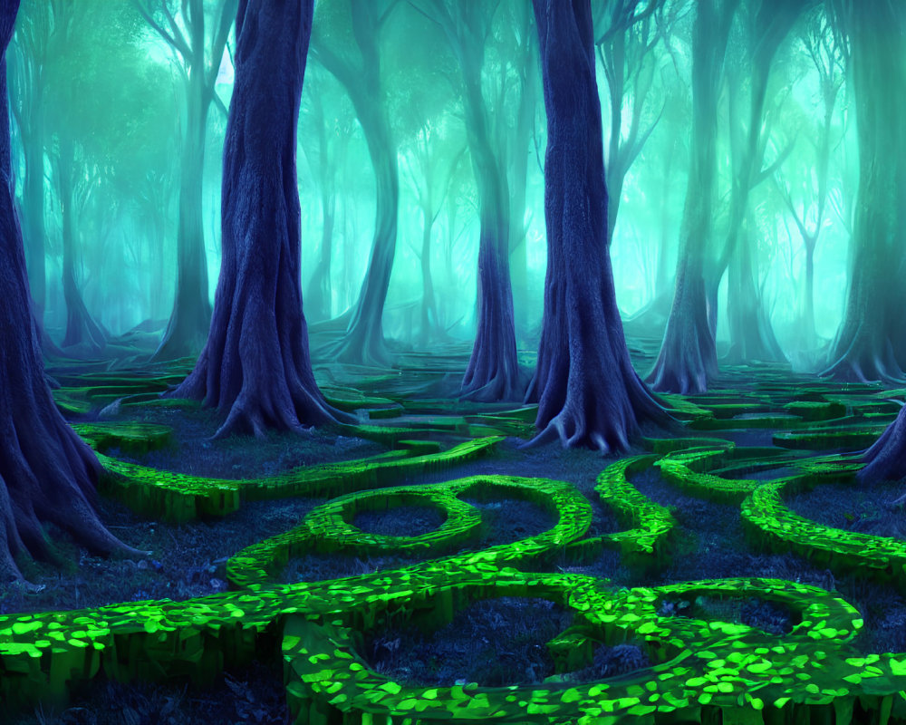 Mystical forest with towering trees and glowing paths