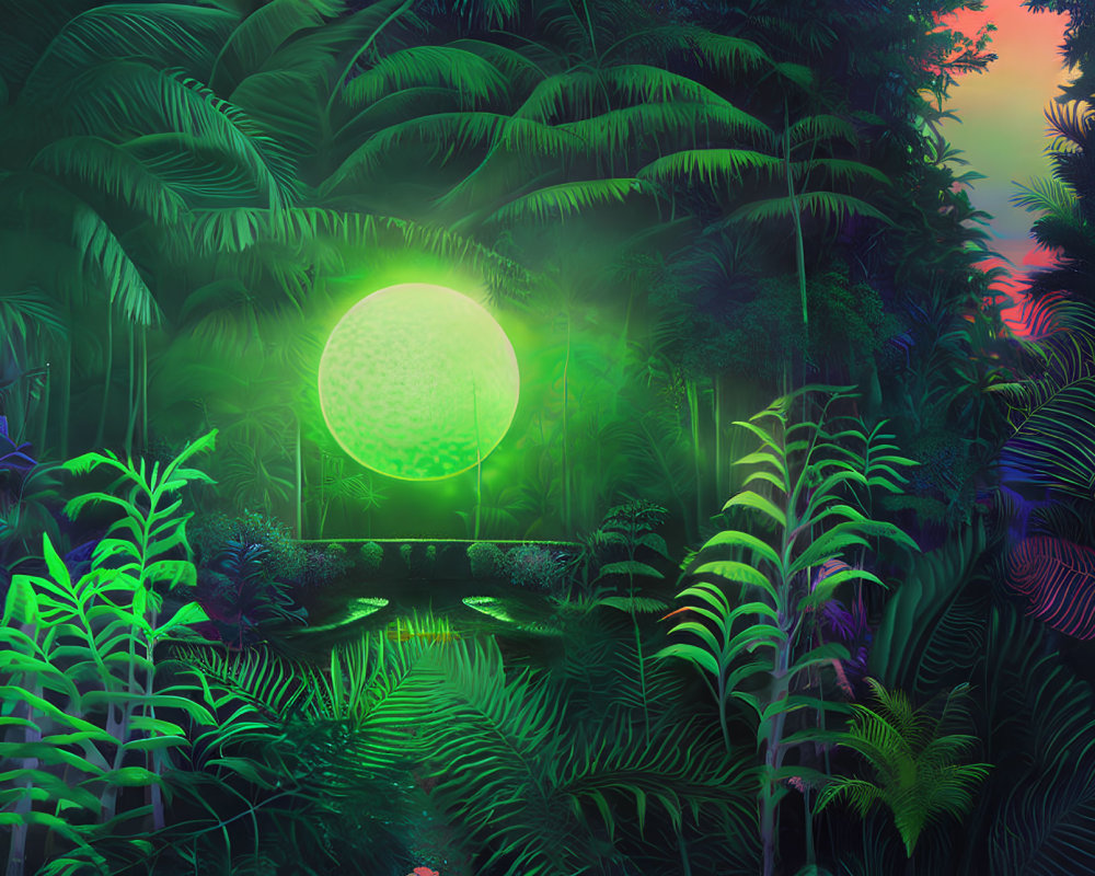 Digital artwork: Vibrant neon-lit jungle with glowing orb center