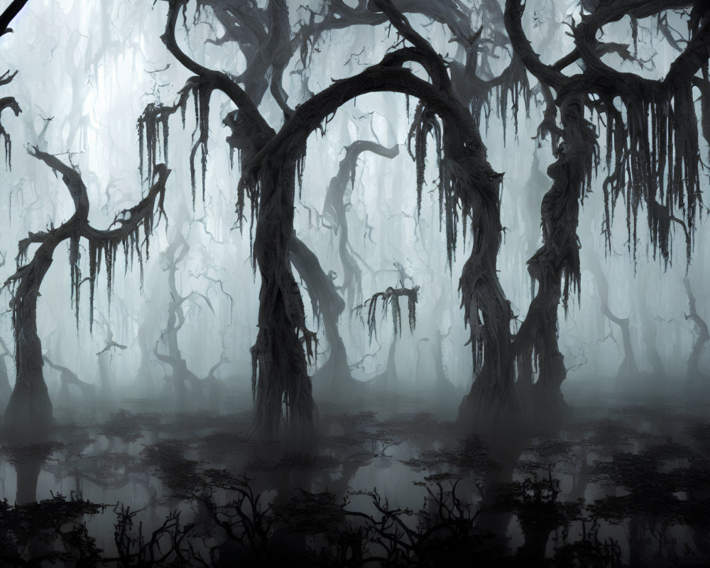 Moss-covered trees in eerie swamp with dense fog