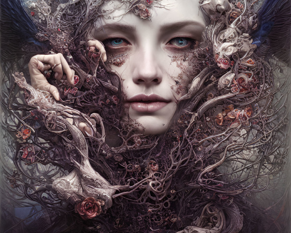 Intricate surreal portrait of a woman with pale skin and blue eyes