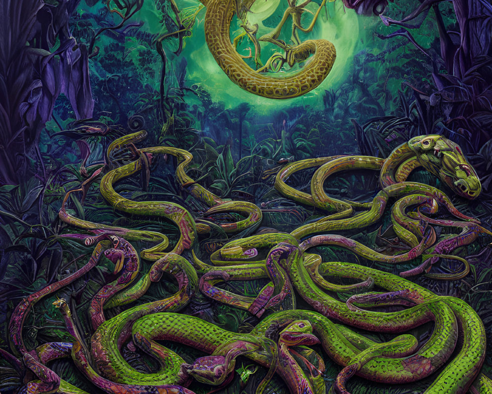 Detailed Jungle Scene with Intricate Snakes Among Green Foliage