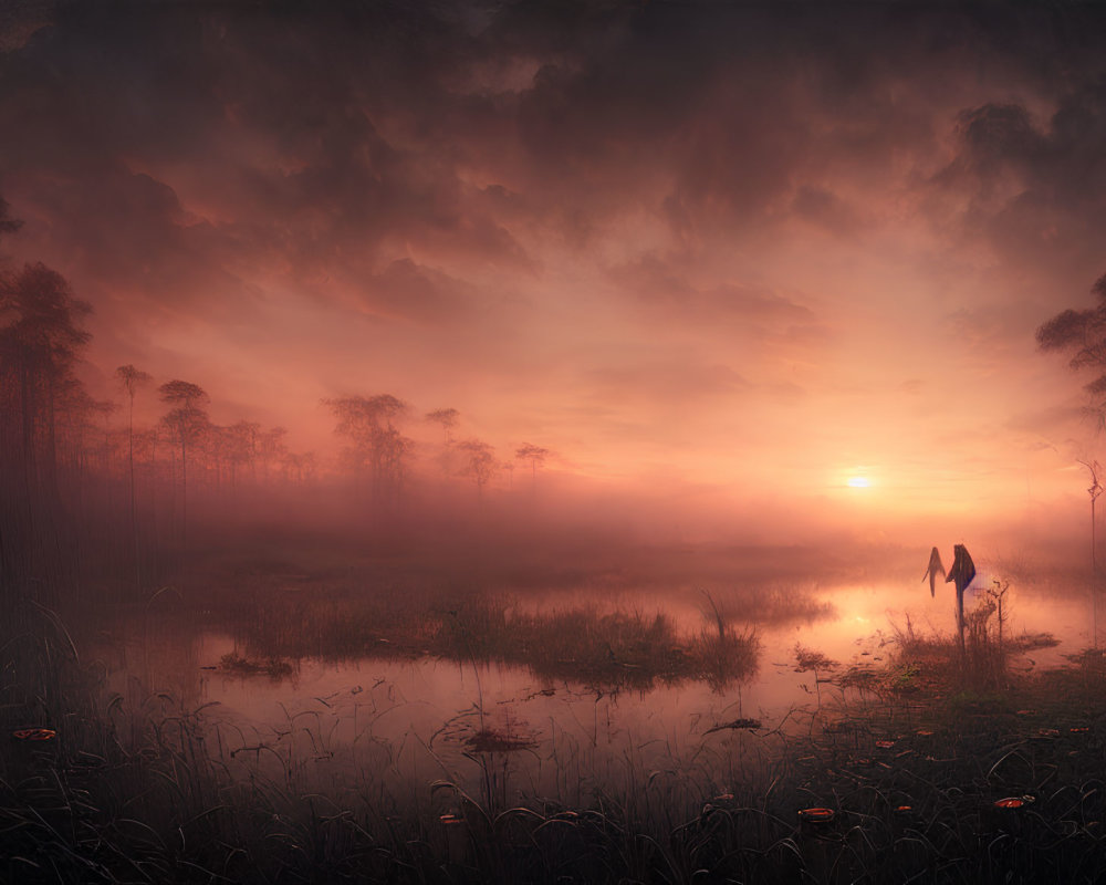 Misty Forested Wetland Sunrise with Canoe Silhouette