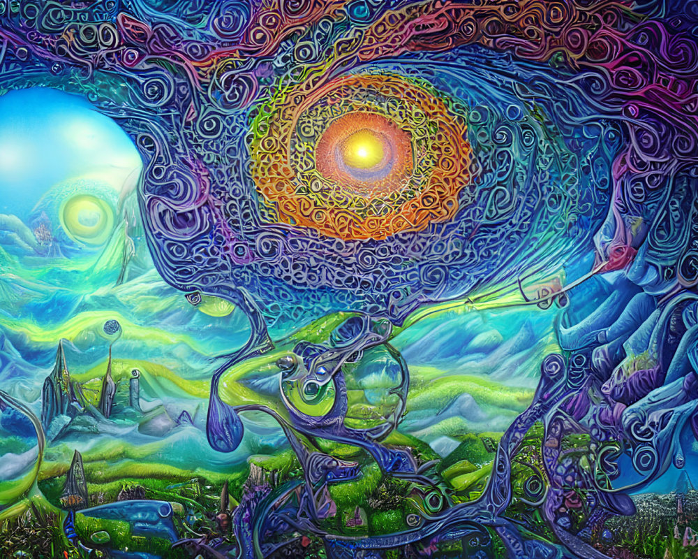 Colorful psychedelic landscape with sun-like eye and swirling patterns