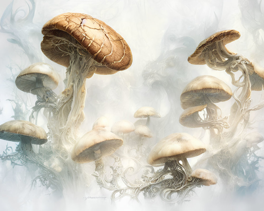 Fantasy illustration: oversized whimsical mushrooms in misty setting