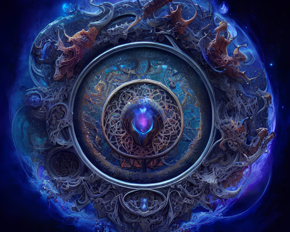 Detailed Digital Artwork: Mystical Circular Amulet with Glowing Core