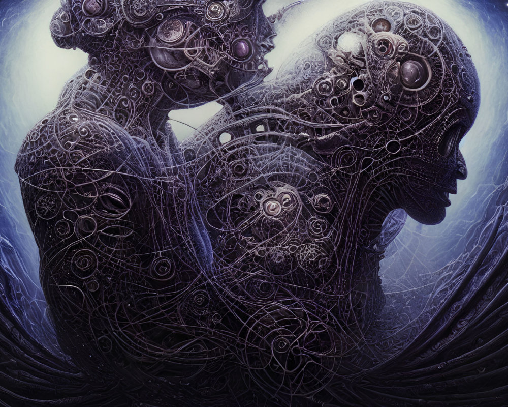 Detailed digital art: humanoid figures with mechanical parts in cosmic setting